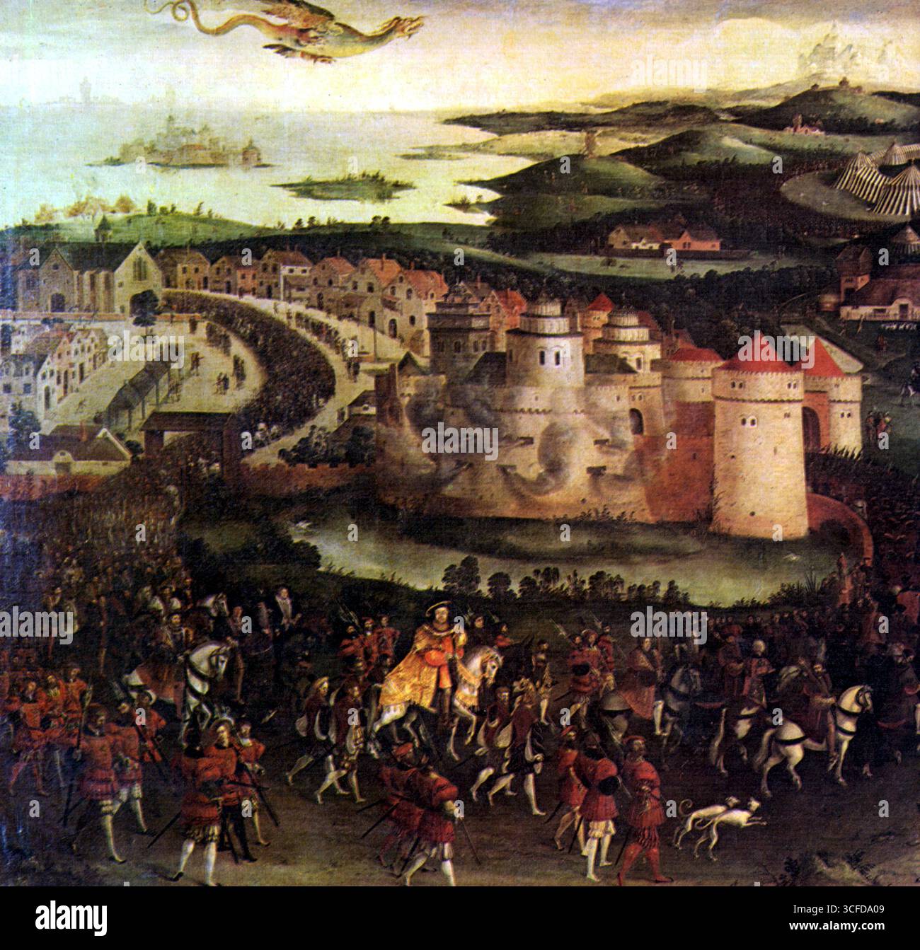 1520 das Feld des Tuches aus Gold. König Heinrich VIII. Und König Francois 1er trafen sich in Frankreich zu einer Extravaganz des Ritterens, Festens, Reden und Tanzens. Stockfoto