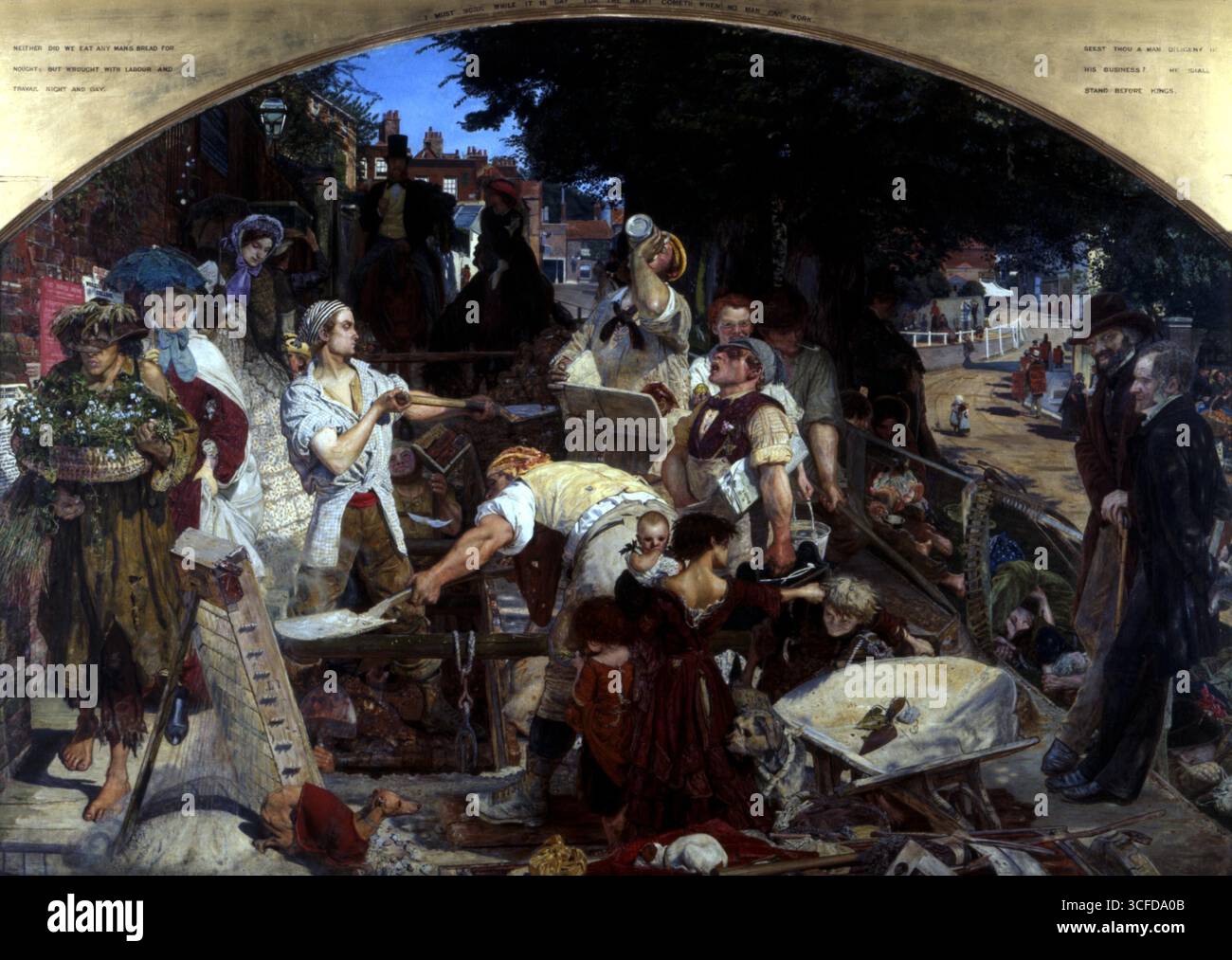 In the Sweat of the Face shalt Thou Eat Brotarbeit von Ford Maddox Brown (1868) Ford Madox Brown (16. April 1821 bis 6. Oktober 1893) war ein englischer Maler moralischer und historischer Themen, der für seine unverwechselbare grafische und oft hogarthische Version des präraffaelistischen Stils bekannt war. Obwohl er eng mit der Pre-Raphaelite Brotherhood verbunden war, war er nie Mitglied. Browns wichtigstes Gemälde war das Werk (1852–1865), das er in einer Sonderausstellung zeigte. Es versuchte, die Gesamtheit der sozialen Erfahrung in der Mitte des Viktorianischen Lebens in einem einzigen Bild darzustellen, das 'n darstellt Stockfoto
