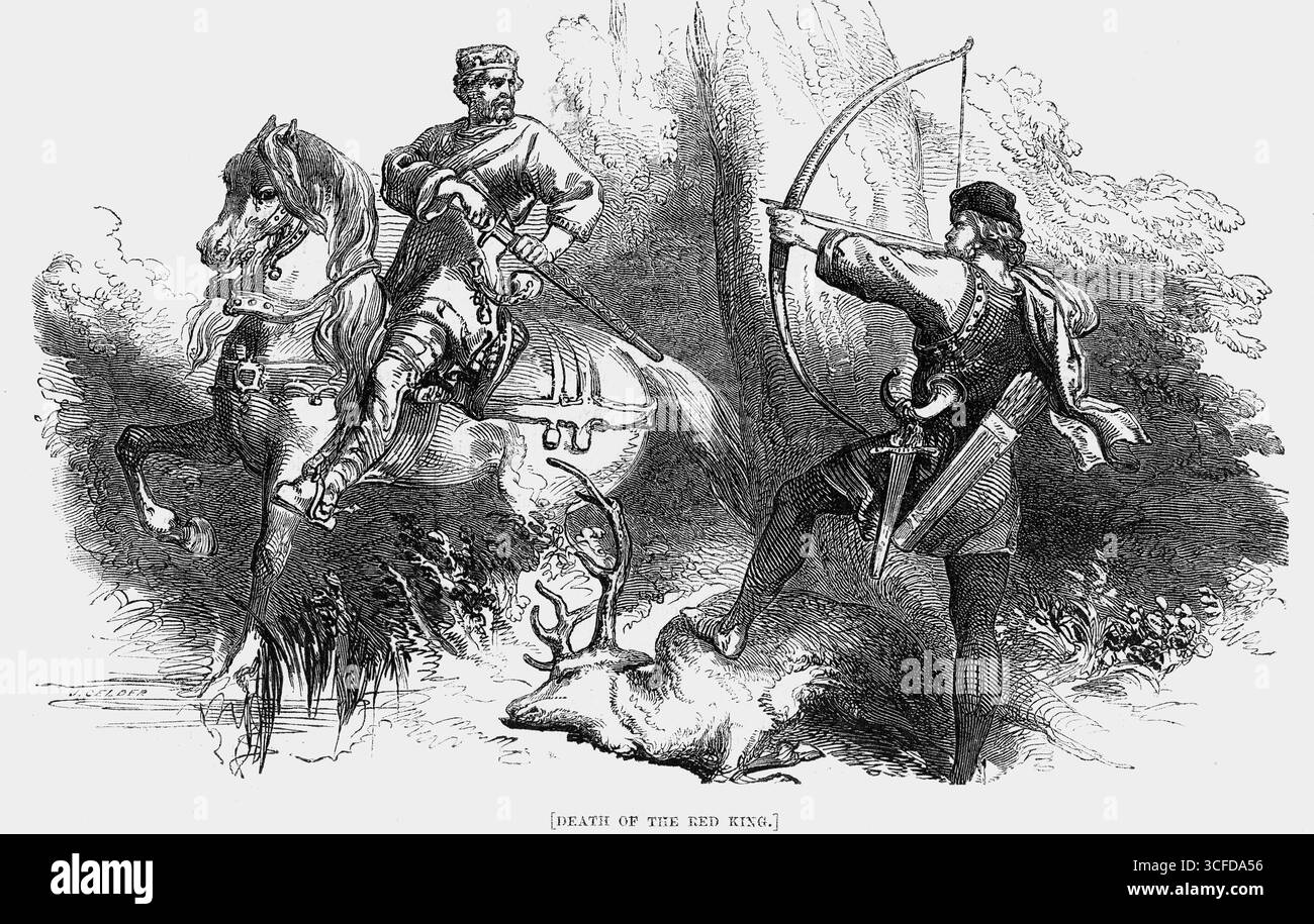 Tod des Roten Königs WILHELM II., König von England (1056–1100) William Rufus (oder der Rote König), wie sein Vorgänger und Vater Wilhelm der Eroberer, fand sein Ende in einem Unfall. Auf der Jagd mit seinem Freund Walter Tyrrel lautete der letzte Satz des Königs, als er einen Hirsch sah: "Schieß, Walter, schieß; als wäre es der Teufel". Walter schoss, aber der Pfeil stieß von einem Baum und tötete den König. Stockfoto
