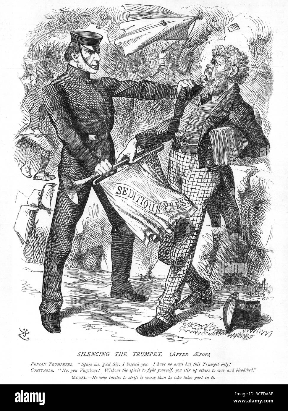 17. MÄRZ 1870. DIE TROMPETE WIRD IN DIE TROMPETE GEBRACHT. (Nach Aesop) Fenian Trompeter: Verschont mich, guter Herr, ich bitte Euch. Ich habe keine Arme, nur diese Trompete! Nein, du Vagabond ohne den Geist, dich selbst zu bekämpfen, du rührst andere zu Krieg und Blutvergießen auf Ich moralisch: Wer zum Streit aufstachelt, ist schlimmer als der, der daran teilnimmt Chichester Fortescue führte ein starkes Zwangsgesetz mit dem Titel „The Peace Preservation (Ireland) Bill“ ein. Sie wurde am 22. März von 425 bis 13 Uhr zum zweiten Mal gelesen. Am 25. März die 27. Klausel, die sich speziell mit Zeitungen befasst, die Verrat und Sedi fördern oder propagieren Stockfoto