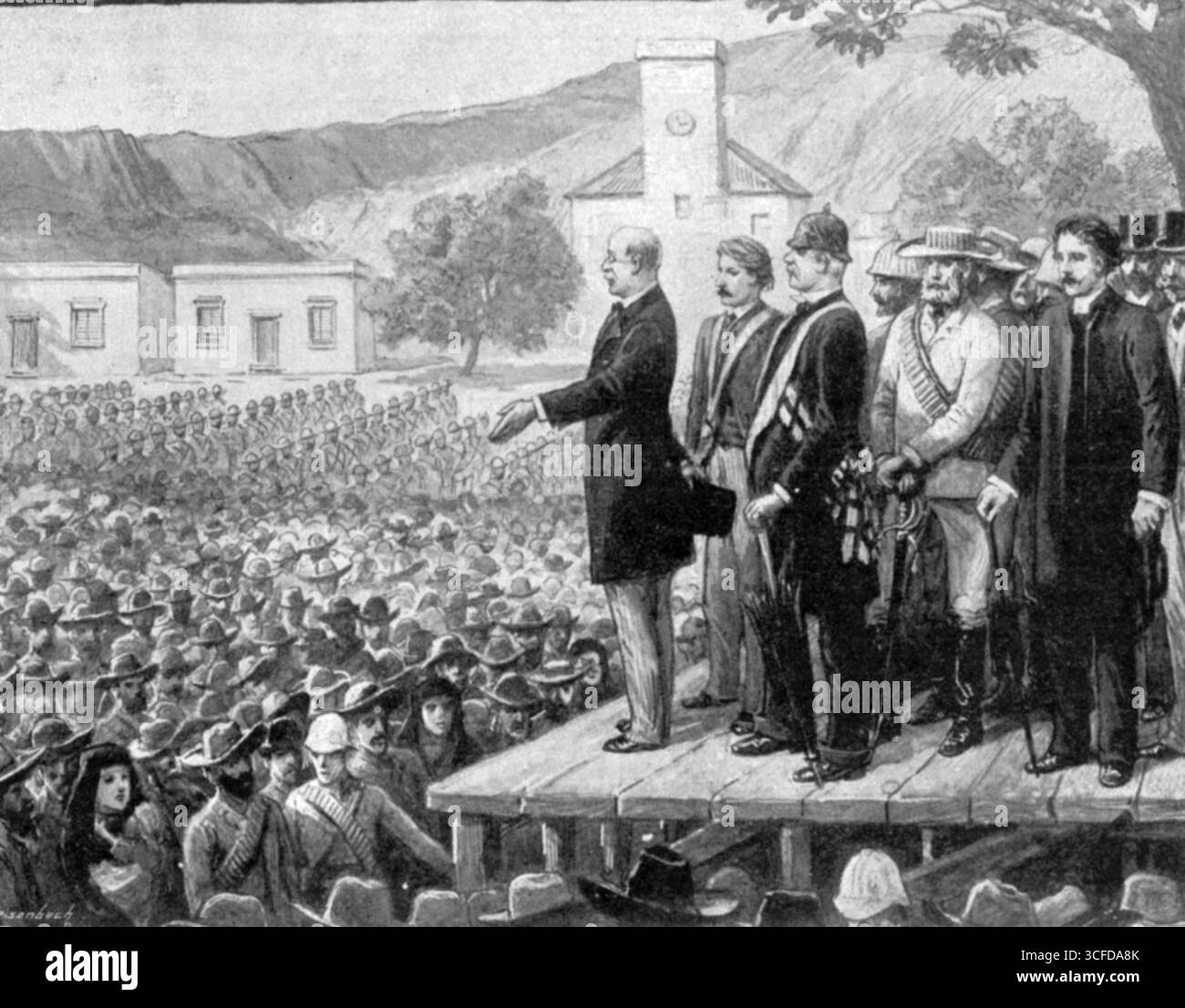 Eine Sprachdemonstration in Burghersdorp, Cape Colony. Herr Hofmeyer spricht über die Sitzung auf dem Markt 1893 Stockfoto