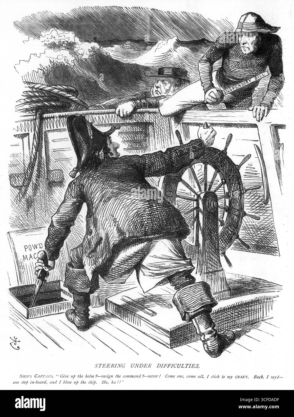 LENKUNG UNTER SCHWIERIGKEITEN. Schiffe Captain: Geben Sie das Ruder auf? - Das Kommando zurücktreten? - Nie! Komm eins, komm alle, ich bleibe bei meinem Handwerk. Zurück, sage ich! - Tritt an Bord und ich sprenge das Schiff. Ha, ha!!“ Am 4. Mai 1868 erklärte Herr Disraeli, dass er auf die Königin gewartet habe und ihr riet, das Parlament aufzulösen, bot aber gleichzeitig an, zurückzutreten. Dass Ihre Majestät nach Überlegung seinen Rücktritt nicht akzeptiert hatte, sondern ihre Bereitschaft zum Auflösen bekundet hatte, sobald es die öffentlichen Geschäfte erlauben würden. Dass er sie informiert hatte, dachte er, die Auflösung könnte im Herbst arrangiert werden. Dass er sich ausruhen soll Stockfoto