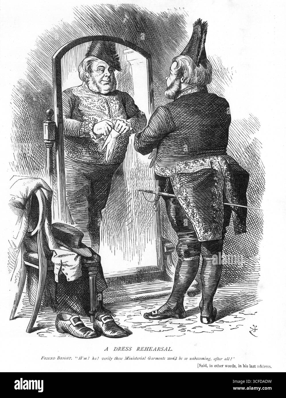 Eine KOSTÜMPROBE. Freund Bright: H'm! Ha! Wahrlich, diese Ministerialkleider werden doch nicht so unglücklich sein! Mit anderen Worten, in seiner letzten Ansprache. 12. September 1868 Angesichts der Wahrscheinlichkeit des Amtsantritts der Liberalen wurde angenommen, dass John Bright Mitglied des neuen Kabinetts werden würde. Tatsächlich wurde er im Dezember Kabinettsminister und Geheimrat und wurde der Königin nach dem Amtseid übergeben. Stockfoto