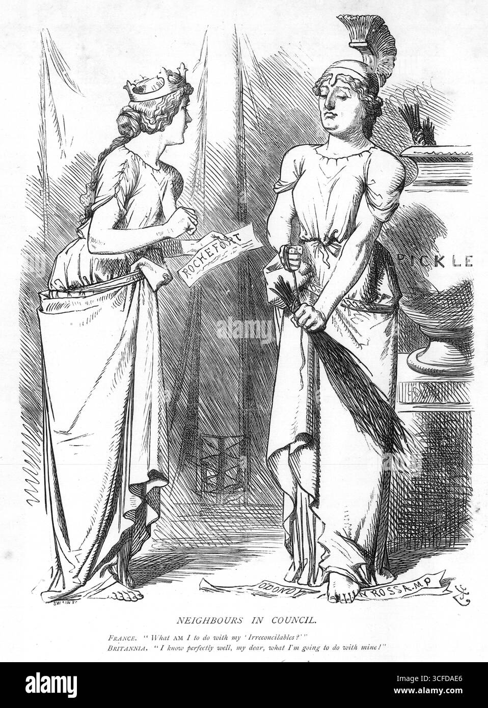 NACHBARN IN COUNCIL.France: Was soll ich mit meinen "Irreconcitables" machen? (Britannia) Ich weiß ganz genau, meine Liebe, was ich mit meinem machen werde! 25. November 1869 O’Donovan Rossa, ein zurückgekehrter Fenianer, wurde heute in Tipperary gewählt. Dies war der Höhepunkt einer lang anhaltenden Fenian-Agitation in Irland. Nicht durch die Verabschiedung des irischen Kirchengesetzes versöhnt, wurde die extreme nationalistische Fraktion täglich heftiger aufrührerischer und bedrohlicher. Die sogenannten „Manchester Martyrs“ wurden öffentlich verherrlicht und die Freilassung aller Fenianer wurde von Iren heftig gefordert Stockfoto