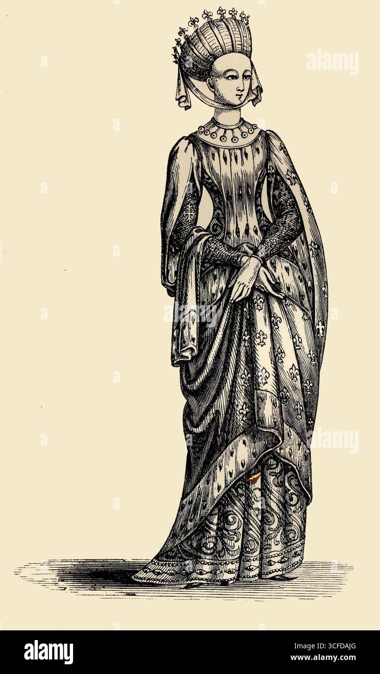 Diese Figur ist ein Porträt von Margarete von Provence, der schönen und vollendeten Ehefrau von St. Louis, König von Frankreich. Margarete war die älteste Tochter von Raymond Berenger IV., Graf von Provence, dessen Hof in der frühen Hälfte des 13. Jahrhunderts der Ort all dessen war, was im Süden Europas schön und vollbracht war, das Hauptquartier der geschicktesten Troubadoure. Margaret war am 27. Mai 1234 mit König Ludwig verheiratet und trug mit ihr den Geschmack und die Mode ihres Vaters an den Hof ihres Mannes. Sie führte ein ereignisreiches Leben und, nach dem Tod von Stockfoto