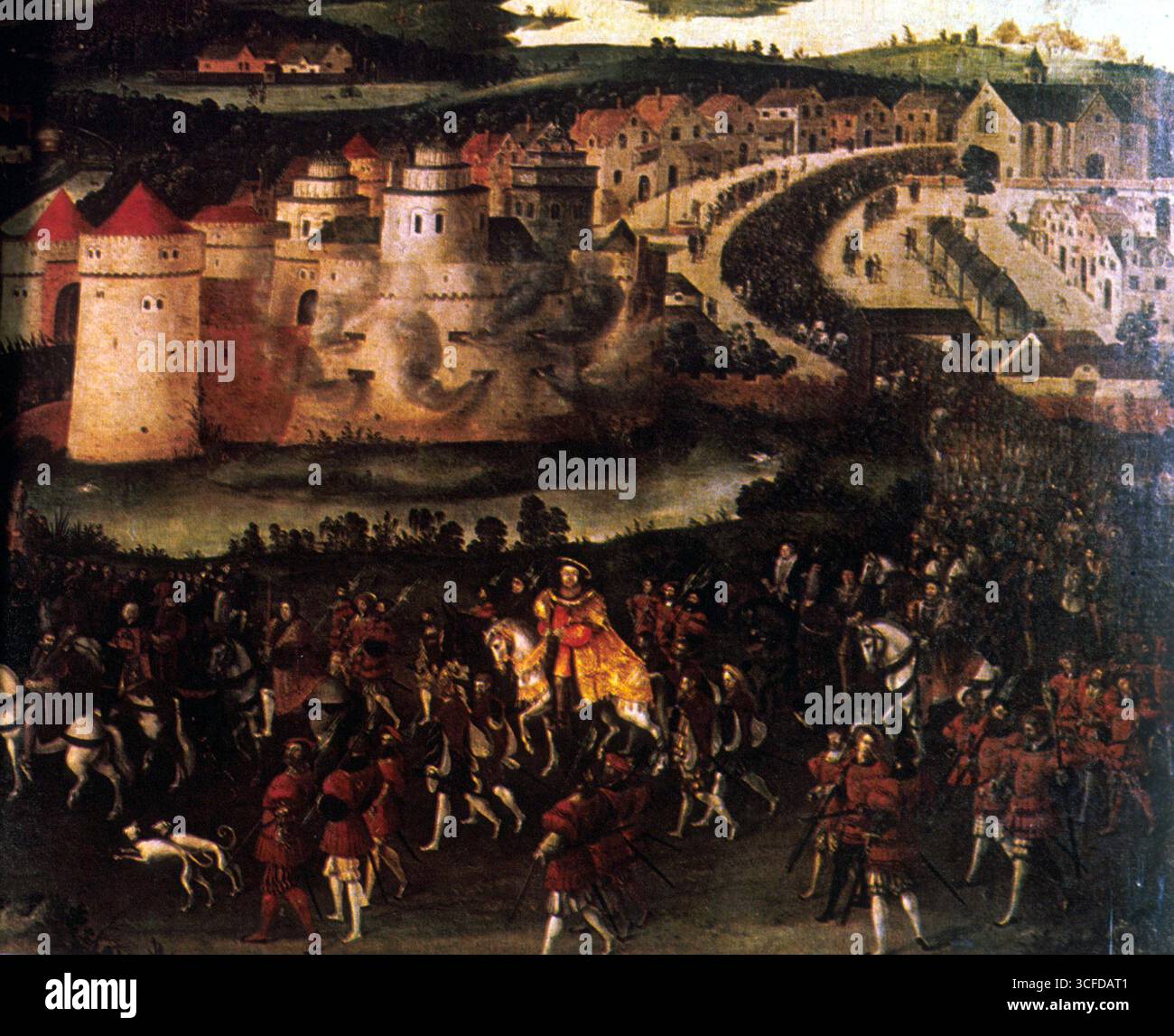 1520 das Feld des Tuches aus Gold. König Heinrich VIII. Und König Francois 1er trafen sich in Frankreich zu einer Extravaganz des Ritterens, Festens, Reden und Tanzens. Stockfoto