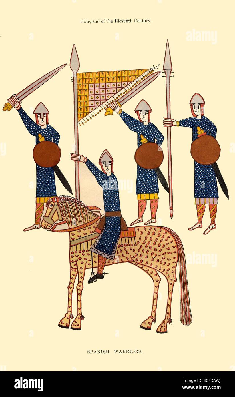 Spanische Krieger (datiert vom Ende des 11. Jahrhunderts) – diese Figuren repräsentieren spanische Krieger der zweiten Hälfte des 11. Jahrhunderts und sind aufgrund ihrer bemerkenswerten Ähnlichkeit mit den anglonormannischen Soldaten auf dem gefeierten Teppich von Bayeaux interessant. Diese Ähnlichkeit ist sowohl im Stil der Zeichnung als auch im Kostüm zu beobachten. Es ist wahrscheinlich, dass die militärischen Gewohnheiten dieser Zeit zum Teil von den Sarazenen übernommen wurden; und diese Annahme wird durch die Tatsache verstärkt, dass arabische Inschriften in kufischen Zeichen unter den Ornamenten mehrerer Gewänder zu finden sind, die noch heute prägt Stockfoto