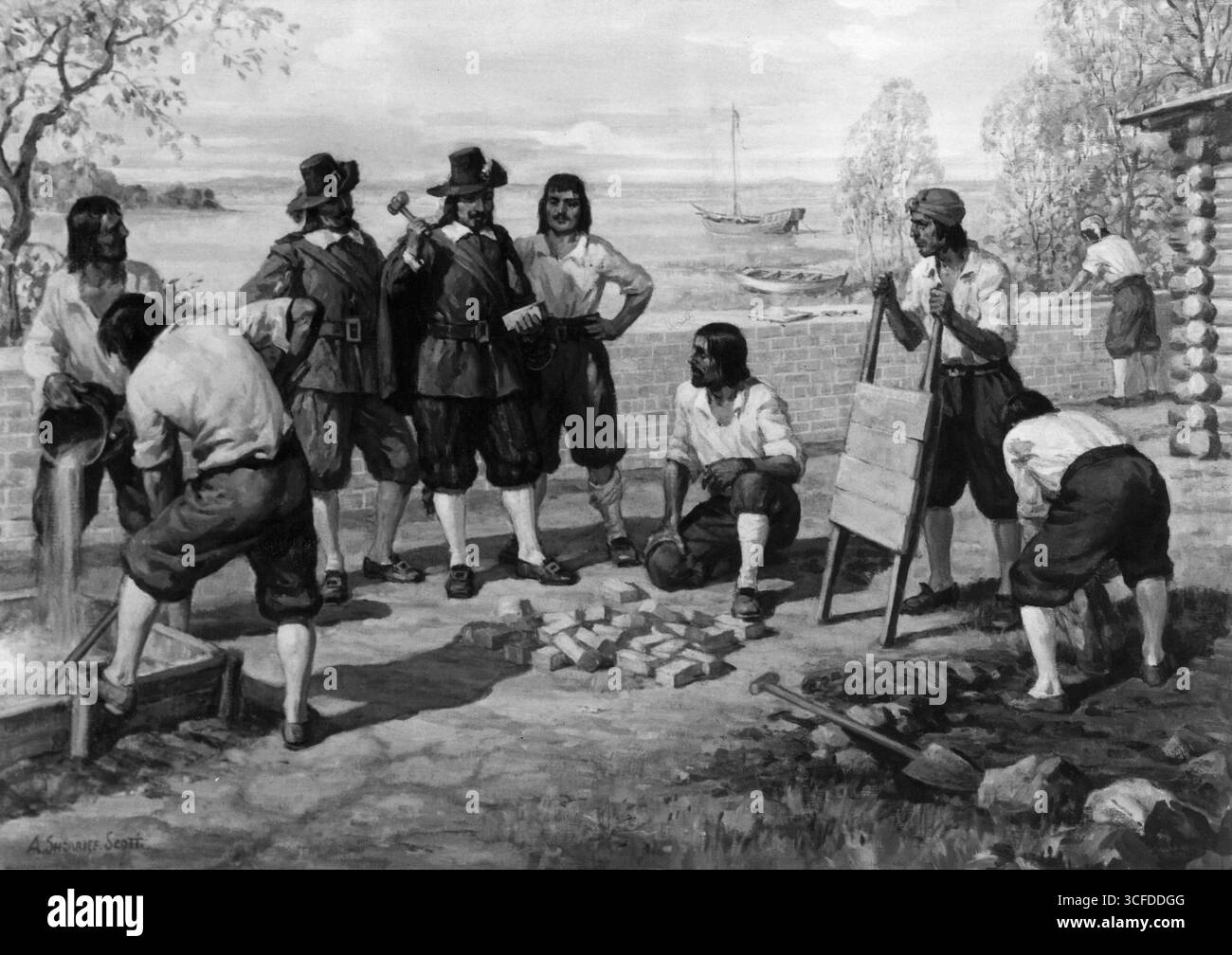 Samuel de Champlain baut in Montreal , 1611 eine Mauer aus einem Ölgemälde im öffentlichen Archiv von Kanada . Stockfoto