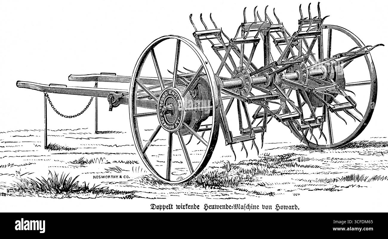 Doppeltwirkende Heuerzeugungsmaschine von Clifford Howard, australischer Erfinder und Unternehmer, Heubau, Feldarbeit, Landwirtschaft im 19. Jahrhundert, Landwirtschaft Stockfoto
