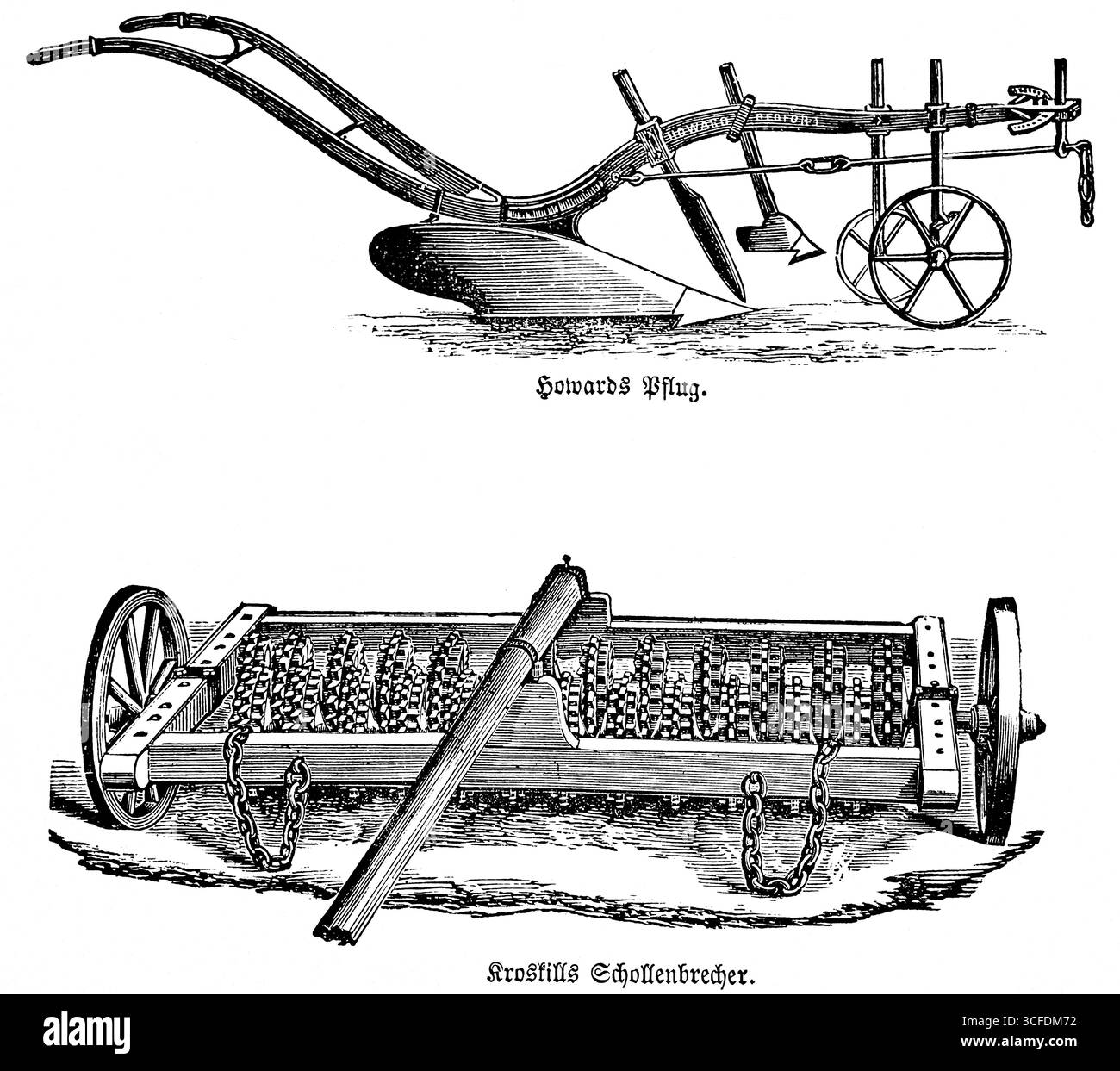 Clifford Howards Pflug, australischer Erfinder und Unternehmer, Räder, Griff, Kroskills Klumpenbrecher mit Eisenketten, zerbricht die Erde, 19 Stockfoto