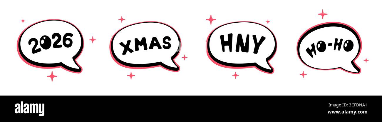 Ho Ho Ho Ho Weihnachtsaufkleber mit Weihnachtsworten. Fun 2026 Feiertagsvektor für Grußkarte, Partyeinladung, festliches Chatdesign oder frohe Weihnachtsfeier Etikett. Stock Vektor
