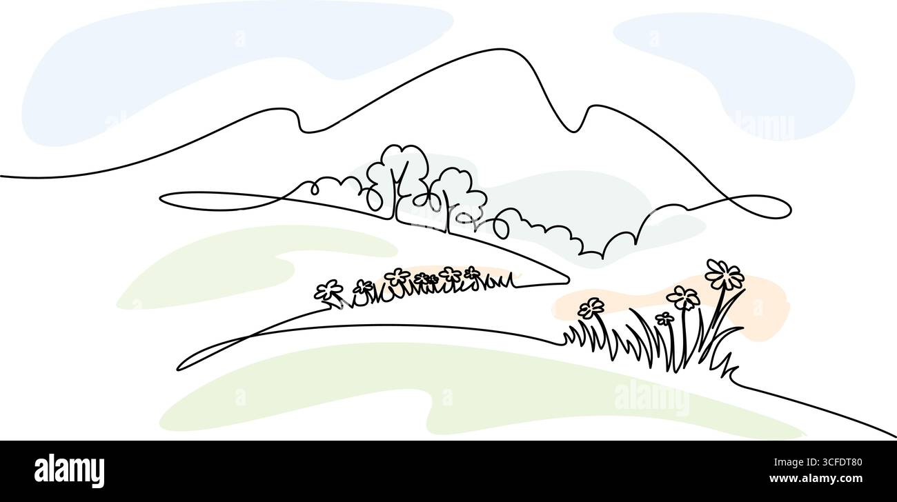 Landschaft mit Blumen, Bäumen und Bergen. Einzeilige Zeichnung Stock Vektor