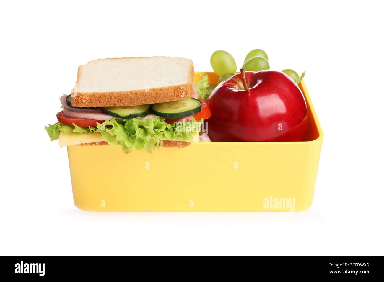 Offene Lunchbox mit leckerem Sandwich und Apfel isoliert auf weiß Stockfoto