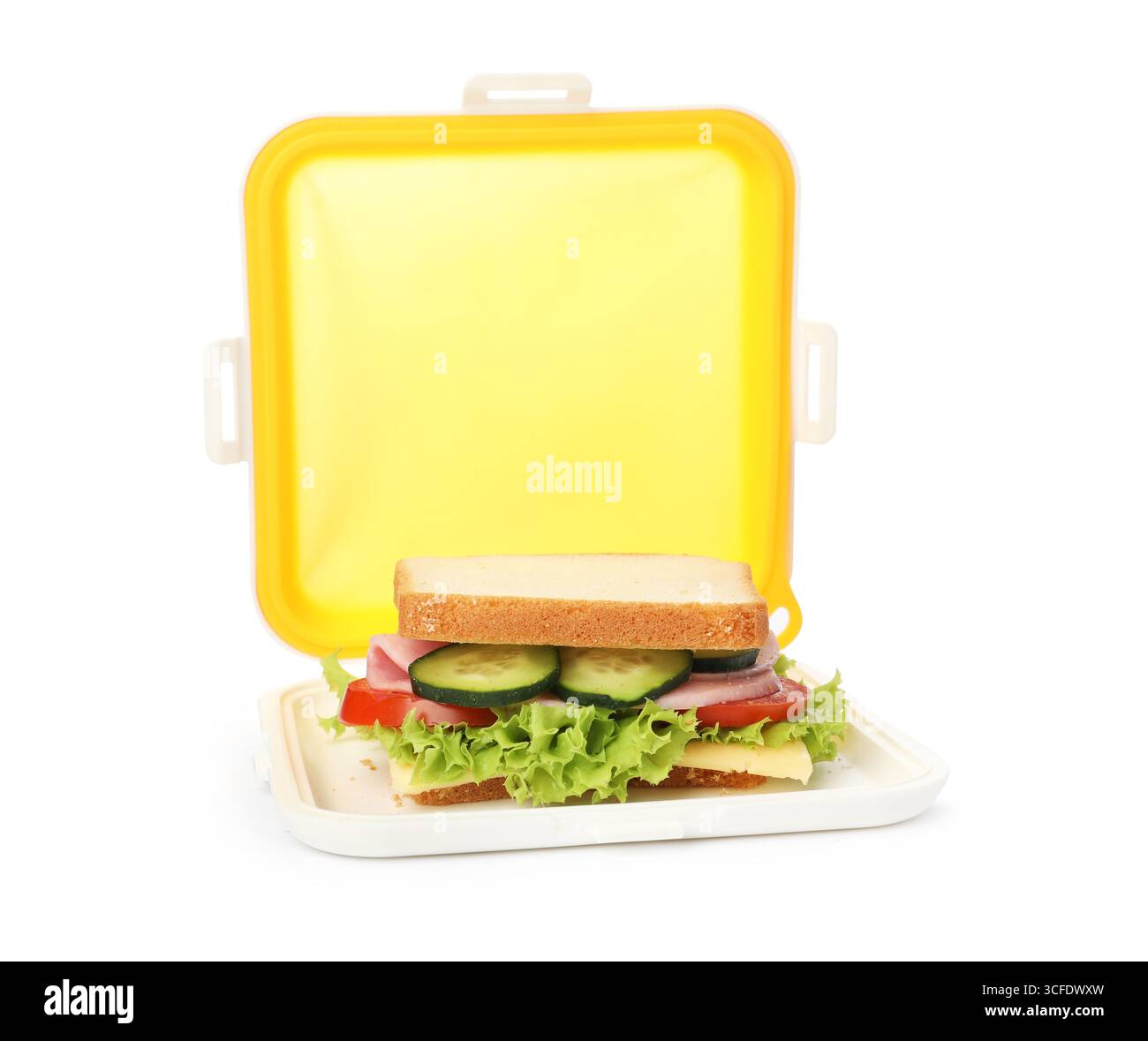 Offene Lunchbox mit leckerem Sandwich, isoliert auf weiß Stockfoto