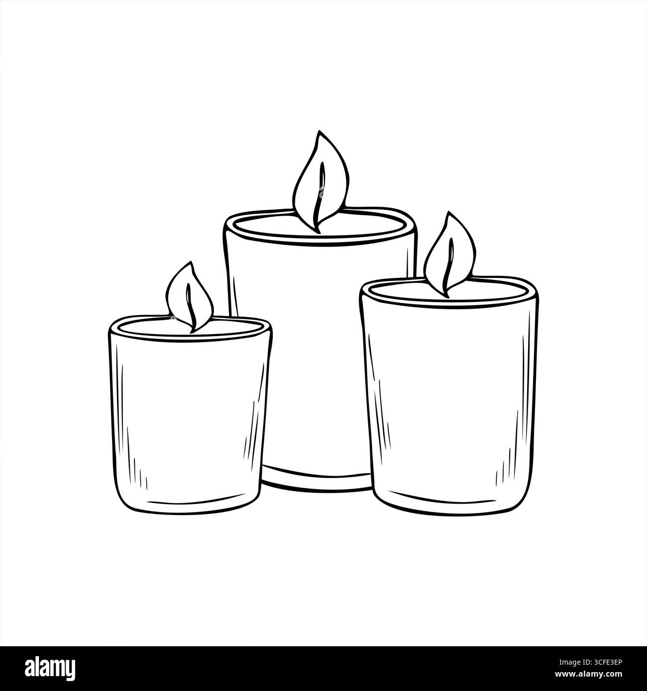 Brennende Soja Wachskerzen in Glasgefäß Hand gezeichnete Vektor-Illustration. Ätzzeichnung von weihnachtlichen oder meditativen natürlichen Duftelementen. Stock Vektor