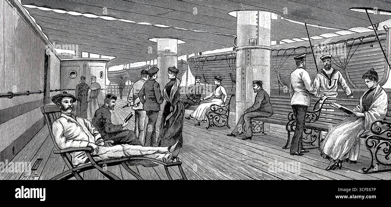 Bilder eines luxuriösen Ozeanexpress-Dampfers um 1890, Promenadendeck, Schiff Columbia der Hamburg-Amerikanischen Packetfahrt-Actien-Gesellschaft, HAPAG, historische, authentische, digital restaurierte Nachbildung eines Originals aus dem 19. Jahrhundert, Rekorddatum nicht angegeben Stockfoto