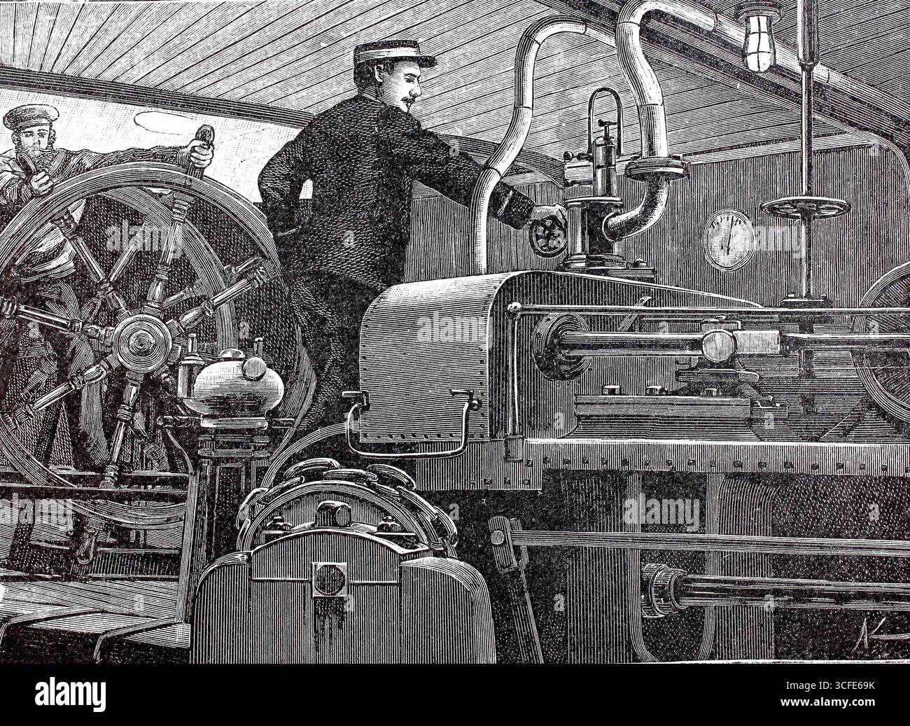 Bilder eines luxuriösen Ozeanexpress-Dampfschiffes um 1890, Dampfkontrollapparat, Schiff Columbia der Hamburg-Amerikanischen Packetfahrt-Actien-Gesellschaft, HAPAG, historische, authentische, digital restaurierte Nachbildung eines Originals aus dem 19. Jahrhundert, Rekorddatum nicht angegeben Stockfoto