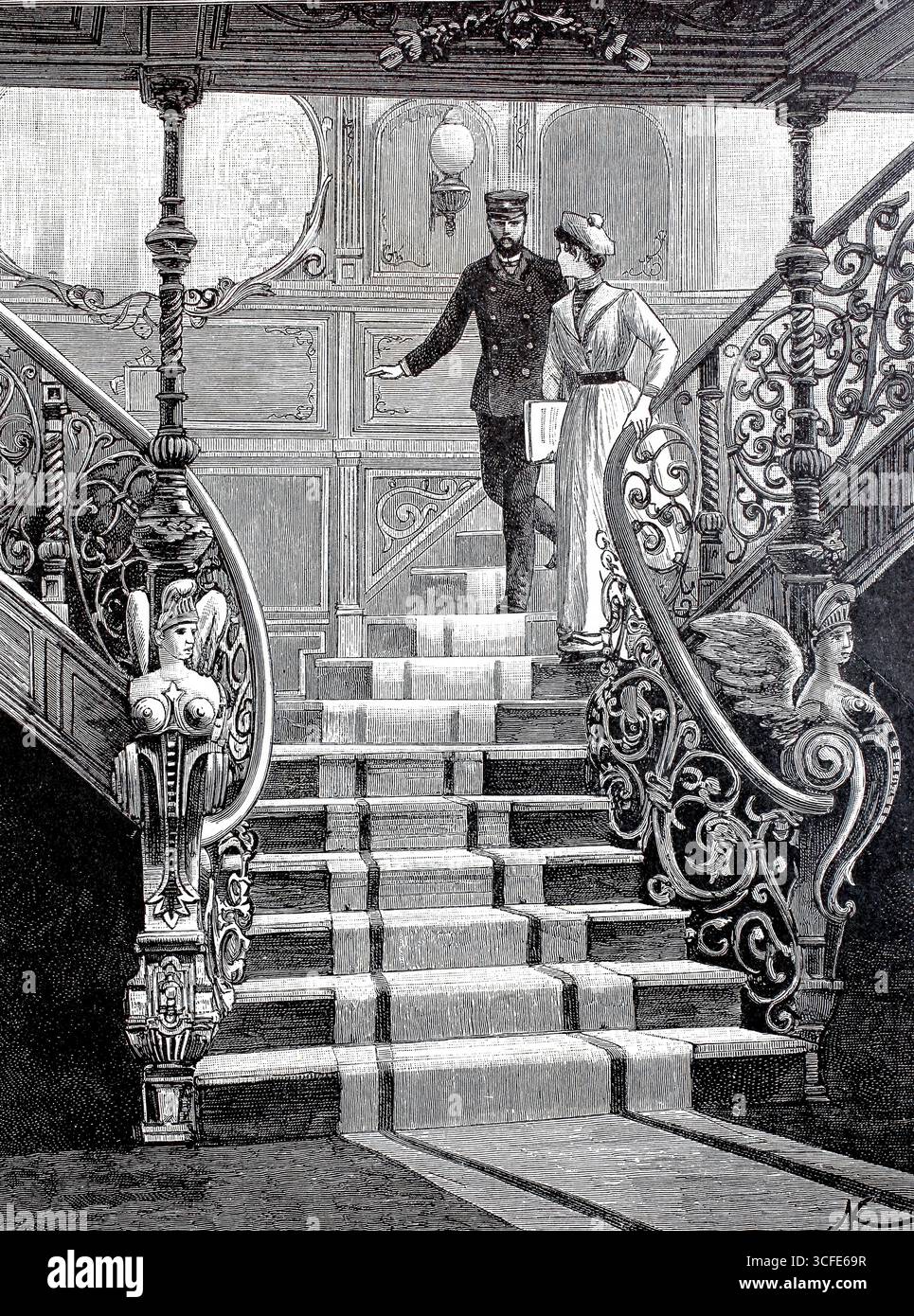 Bilder eines luxuriösen Ozeanexpress-Dampfers um 1890, Treppen zu den Hallen, Schiff Columbia der Hamburg-Amerikanischen Packetfahrt-Actien-Gesellschaft, HAPAG, historische, authentische, digital restaurierte Nachbildung eines Originals aus dem 19. Jahrhundert, Rekorddatum nicht angegeben Stockfoto