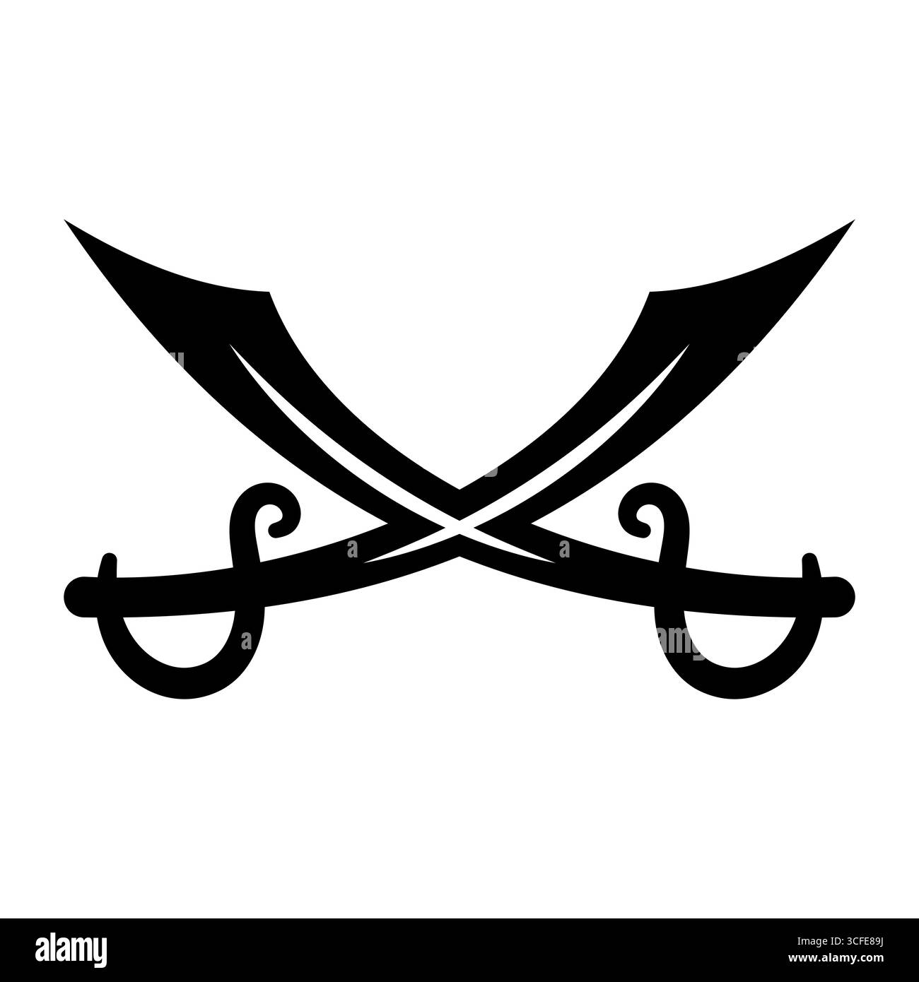 Illustration Der Gekreuzten Seeräuber. Zwei überkreuzte Piratenschwerter, auch bekannt als Scimitar oder Cutlasses, bilden ein markantes und stilvolles Symbol. Stock Vektor