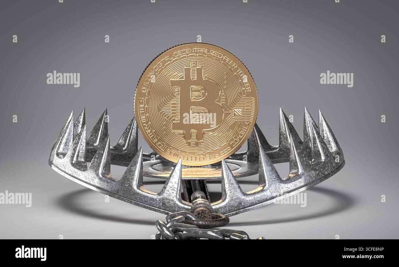 Gold Bitcoin 3D tragen Trapgefahren, die investieren Stockfoto