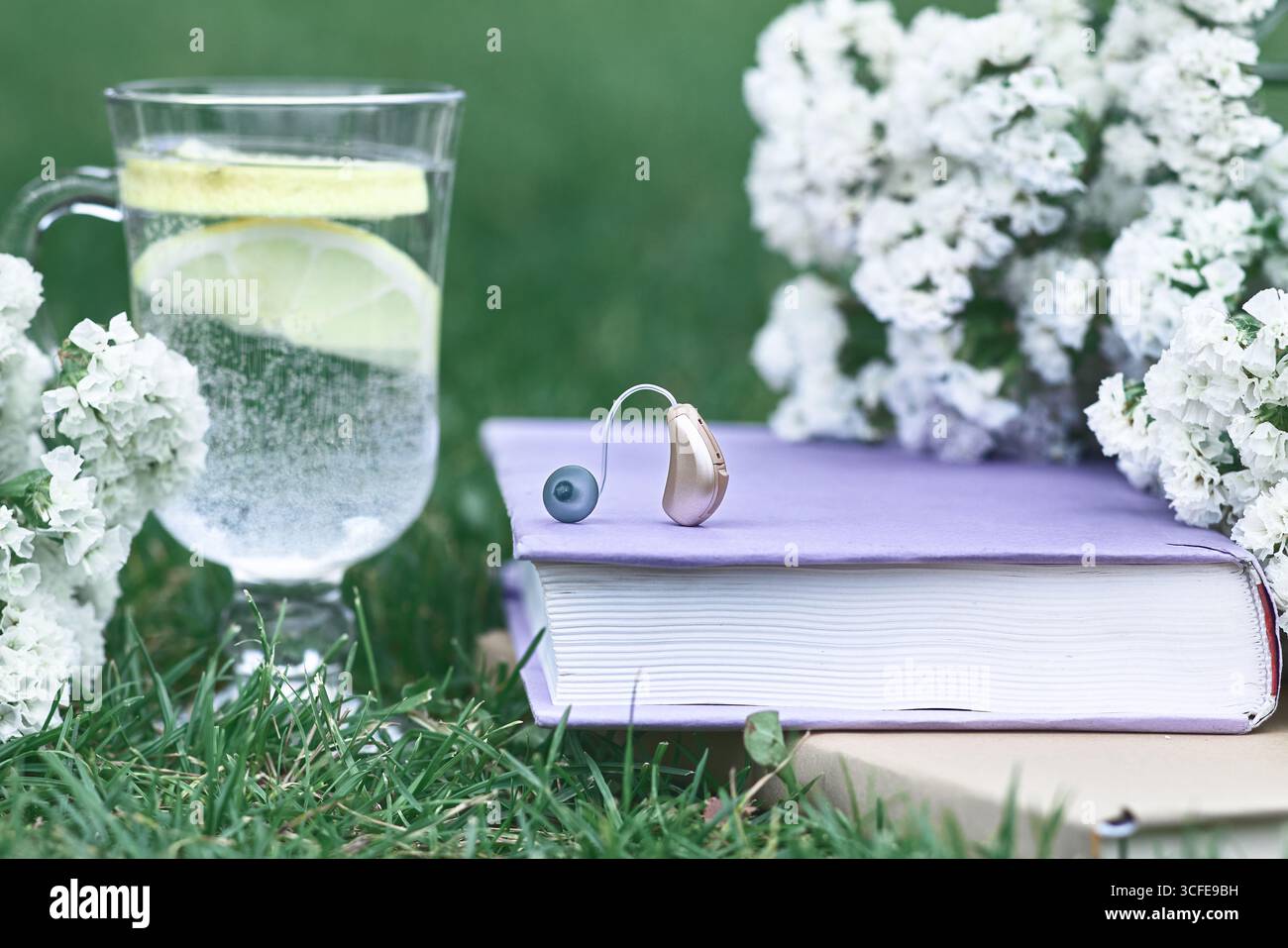 Hörgerät am Buch, mit Blumen, Zitronenwasser, im sonnigen Gras, Vorstellung vom vollen Leben mit Hörgeräten Stockfoto