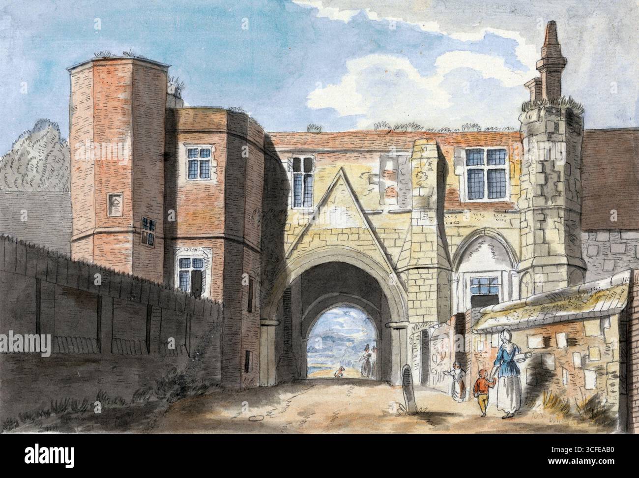 Reading Gateway England von Charles Tomkins Skyline historische Perspektive Graphite und Aquarelle, Vintage-Kunstwerke, Antiquitätendruck Stockfoto