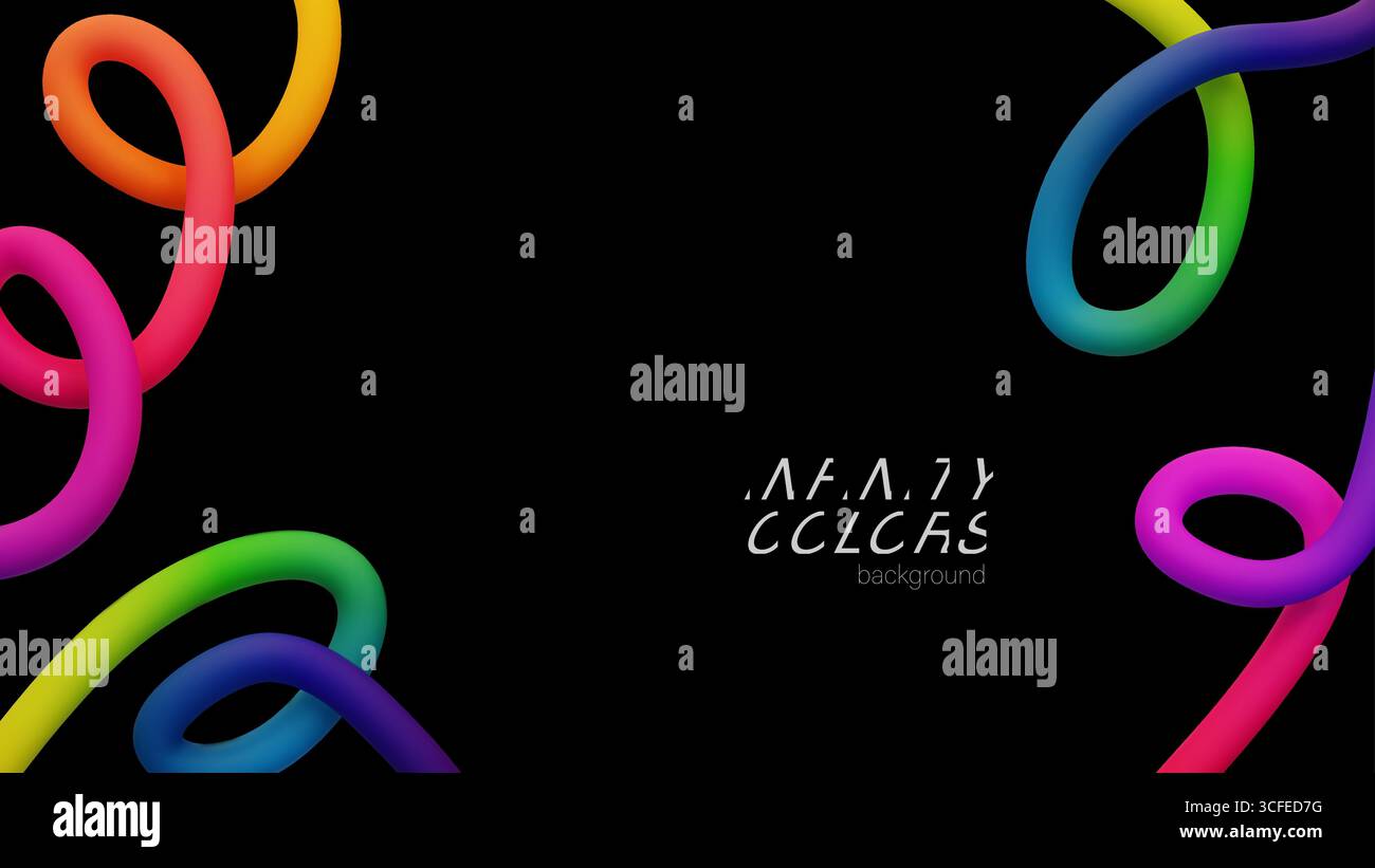 3D-Vektor lebendige mehrfarbige Verlaufslinien, die Schleifen auf schwarzem Hintergrund bilden. Dieses abstrakte Design ist ideal für moderne künstlerische Anwendungen in digitalen Projekten Stock Vektor