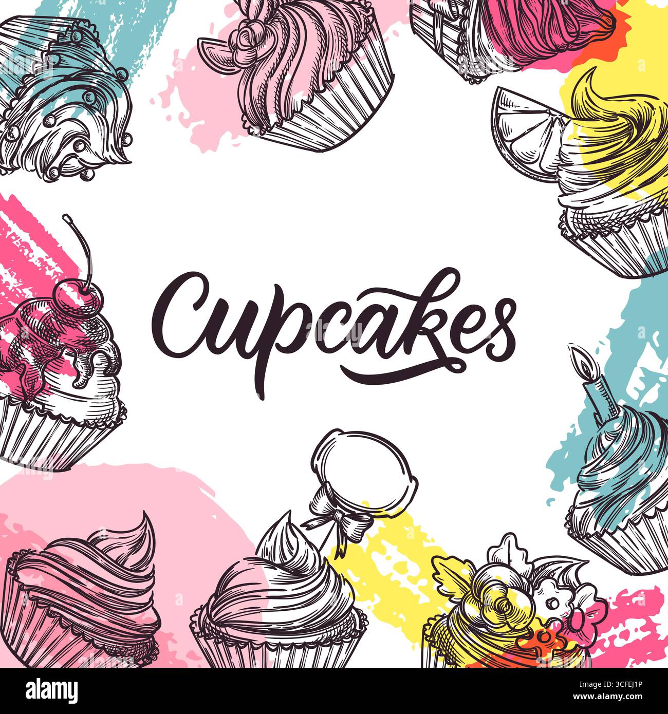 Vektorrahmen mit handgezeichneter Skizze Cupcakes und Aquarellflecken. Süßes Dessert-Hintergrunddesign für Bäckereimenü, Café-Poster, Partyeinladung, pac Stock Vektor
