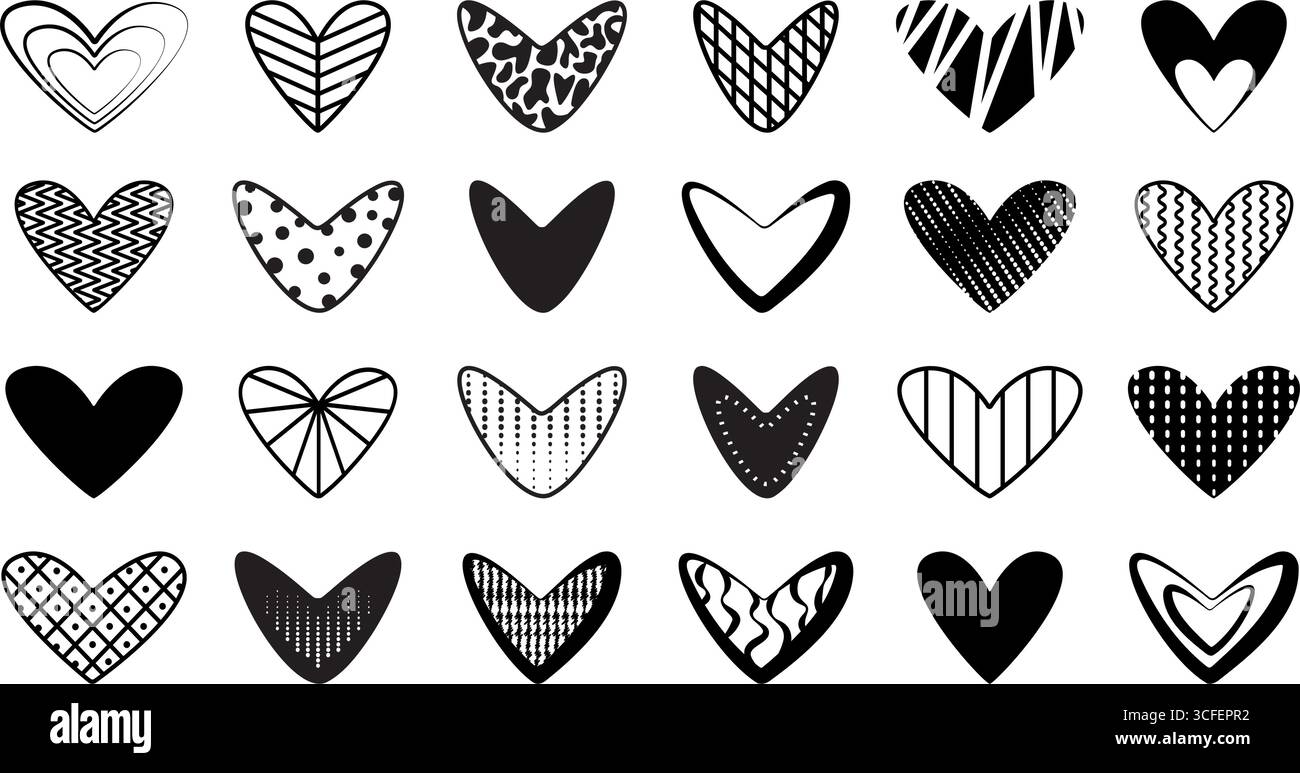 Niedliches, ästhetisches schwarzes Herzset. Trendige Vektor-monochrome psychedelische Herzen gefüllt mit verschiedenen abstrakten geometrischen Formen, minimalem Kritzelklipart Stock Vektor