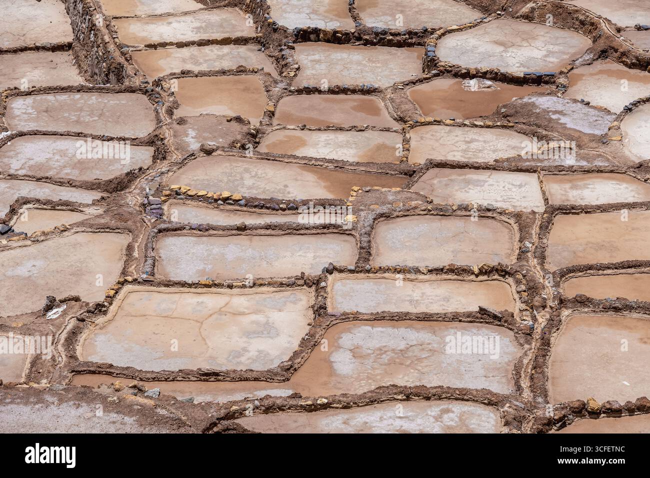 Salzteiche von Maras auf einem terrassenförmig angelegten Hügel im Heiligen Tal von Peru. Stockfoto