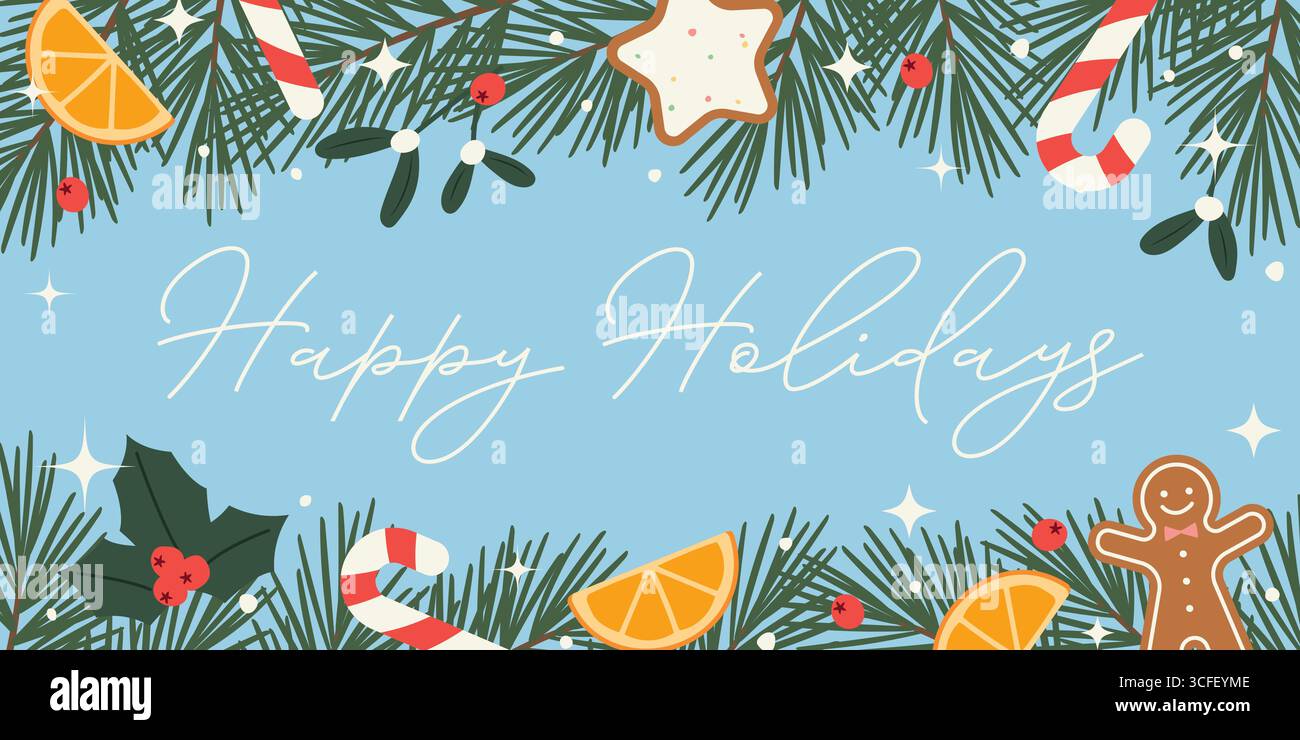 Happy Holidays Banner mit Tannenzweigen, Orangenscheiben, stechpalme, Zuckerstangen, Lebkuchenkeksen, Schnee und Glitzer- Vektorillustration Stock Vektor