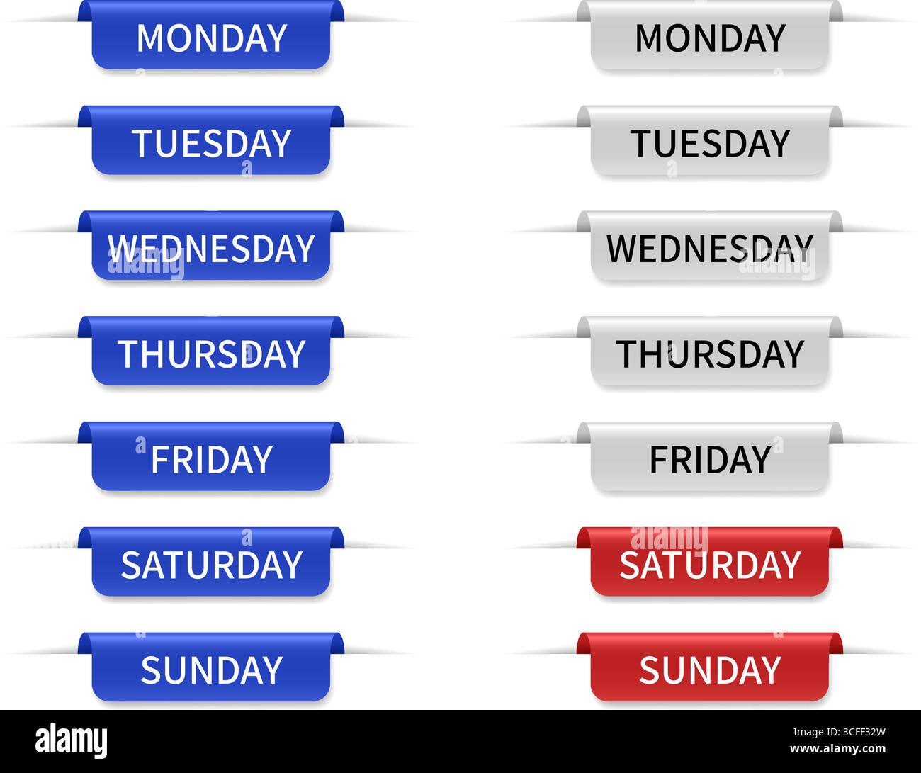 Wochentage. Satz weißer, roter und blauer Lesezeichen. Notizen festhalten. Blatt Papier. Tag, Haftnotiz. Kalender- oder Wochenplaner, Planorgani Stock Vektor