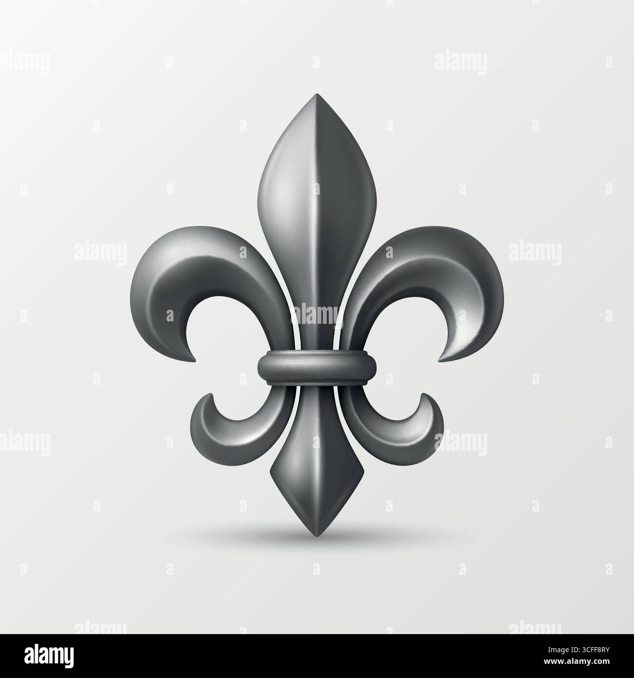 Vektor 3D realistische Fleur de Lis-Illustration. Silberne Fleur de Lis-Legende. Realistisches Fleur de Lis Symbol für Heraldik, königliches Emblem, mittelalterliches Design Stock Vektor