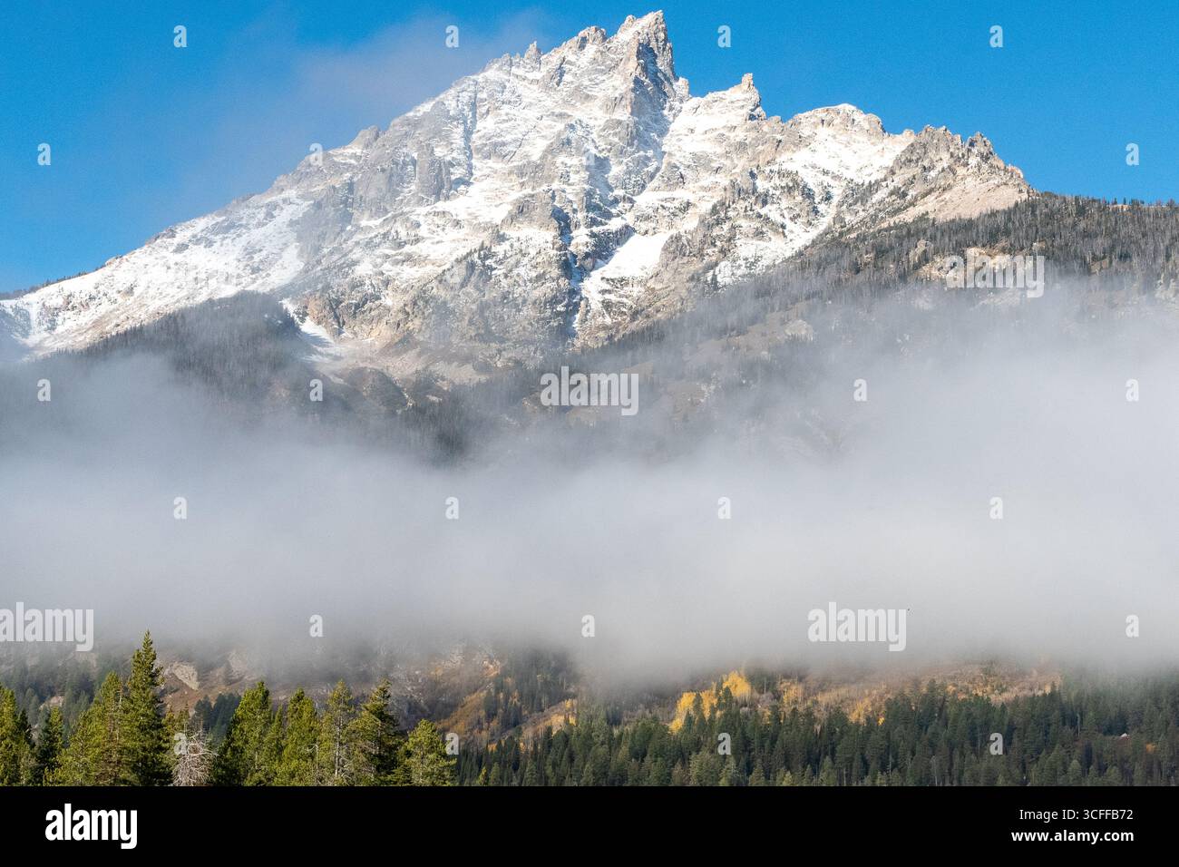 Der schneebedeckte Grand Teton Mountain erhebt sich über dem Nebel und Nebel und dominiert den Hintergrund vor einem blauen Himmel im Grand Teton National Park Stockfoto