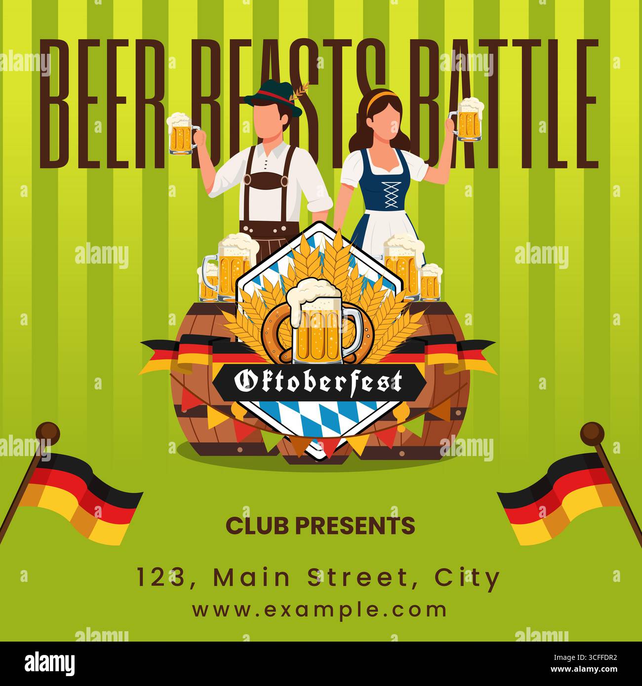 Social Media Post Template zum Oktoberfest mit Bier und bayerischer Kultur. Helles und modernes Oktoberfest-Pfosten-Layout mit auffälligen Biersymbolen und Stock Vektor