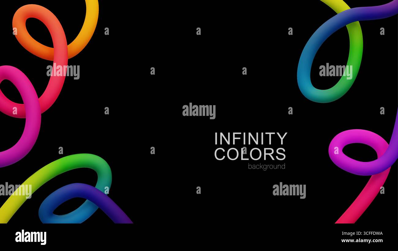 3D-Vektor lebendige mehrfarbige Verlaufslinien, die Schleifen auf schwarzem Hintergrund bilden. Dieses abstrakte Design ist ideal für moderne künstlerische Anwendungen in digitalen Projekten Stock Vektor