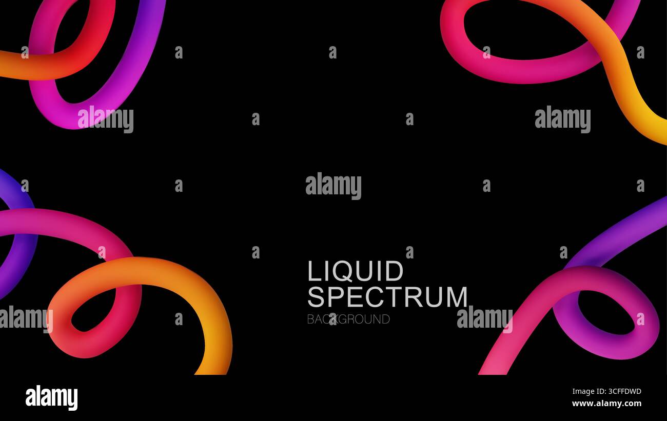 3D-Vektor-Gradientenlinien mit lebendigem Flüssigspektrum verdrehen sich und fließen auf schwarzem Hintergrund und schaffen so eine moderne, stilvolle und visuell ansprechende Optik Stock Vektor