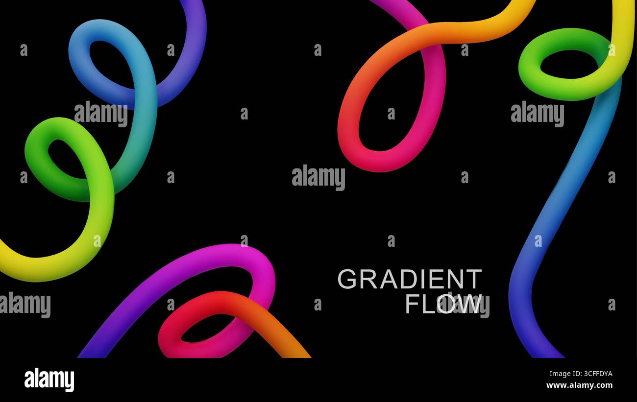 3D-Vektor farbenfrohe abstrakte Verlaufslinien, die Schleifen vor dunklem Hintergrund bilden und moderne Ästhetik der digitalen Kunst und lebendige Farbpaletten zeigen, Stock Vektor