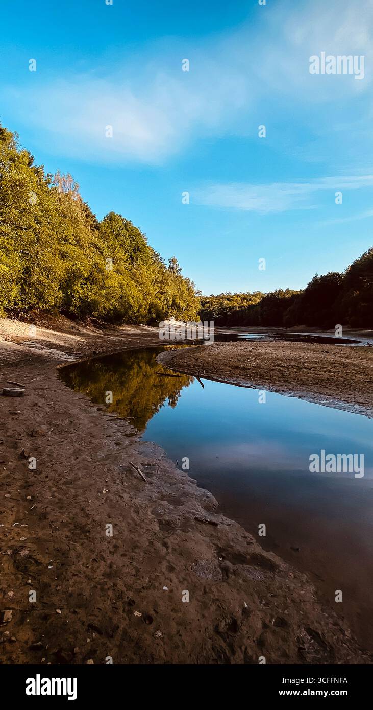 Dürre traf und karge Ardingly Reservoir Haywards Heath Sussex. August 2025 74 Hektar großes Naturreservat nach dem heißesten Sommer der Geschichte. Stockfoto