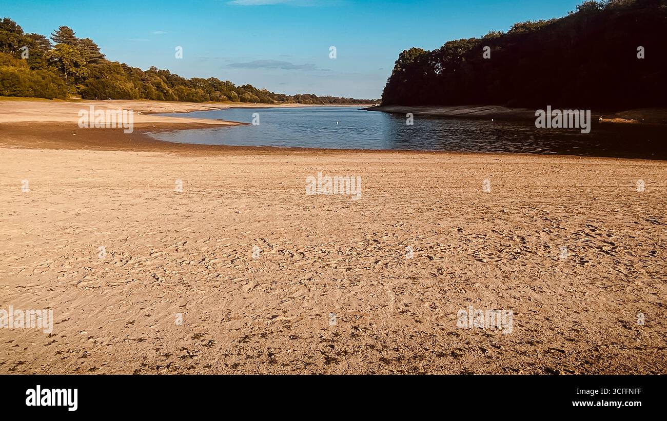 Dürre traf und karge Ardingly Reservoir Haywards Heath Sussex. August 2025 74 Hektar großes Naturreservat nach dem heißesten Sommer der Geschichte. Stockfoto