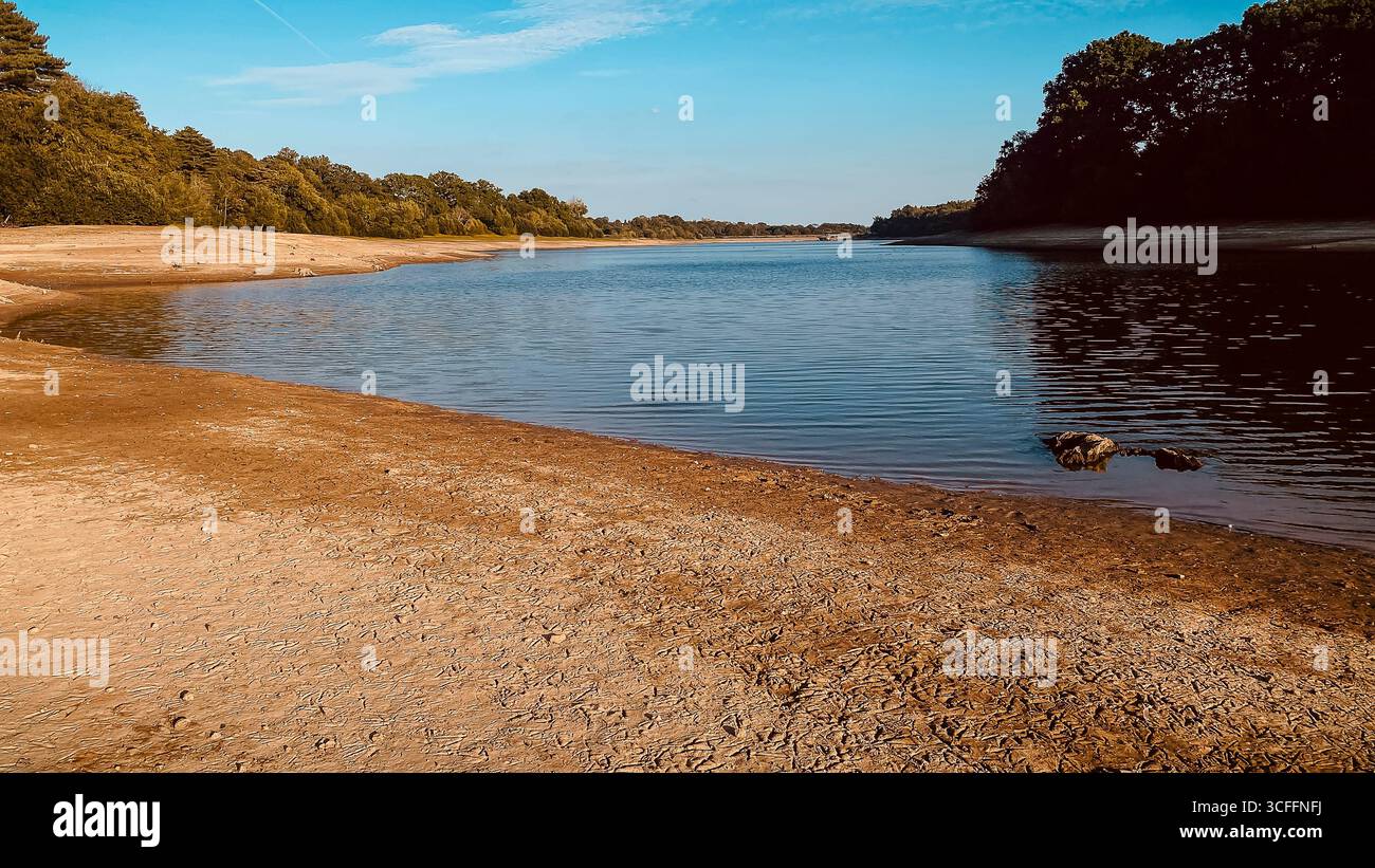 Dürre traf und karge Ardingly Reservoir Haywards Heath Sussex. August 2025 74 Hektar großes Naturreservat nach dem heißesten Sommer der Geschichte. Stockfoto
