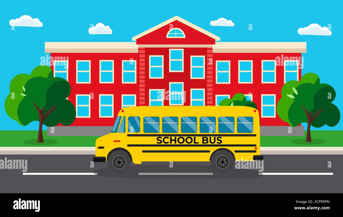 Vektorillustration eines gelben Schulbusses vor einem roten Schulgebäude mit Bäumen, Wolken und blauem Himmel. Back-to-School-Konzept auf weißem Hintergrund Stock Vektor