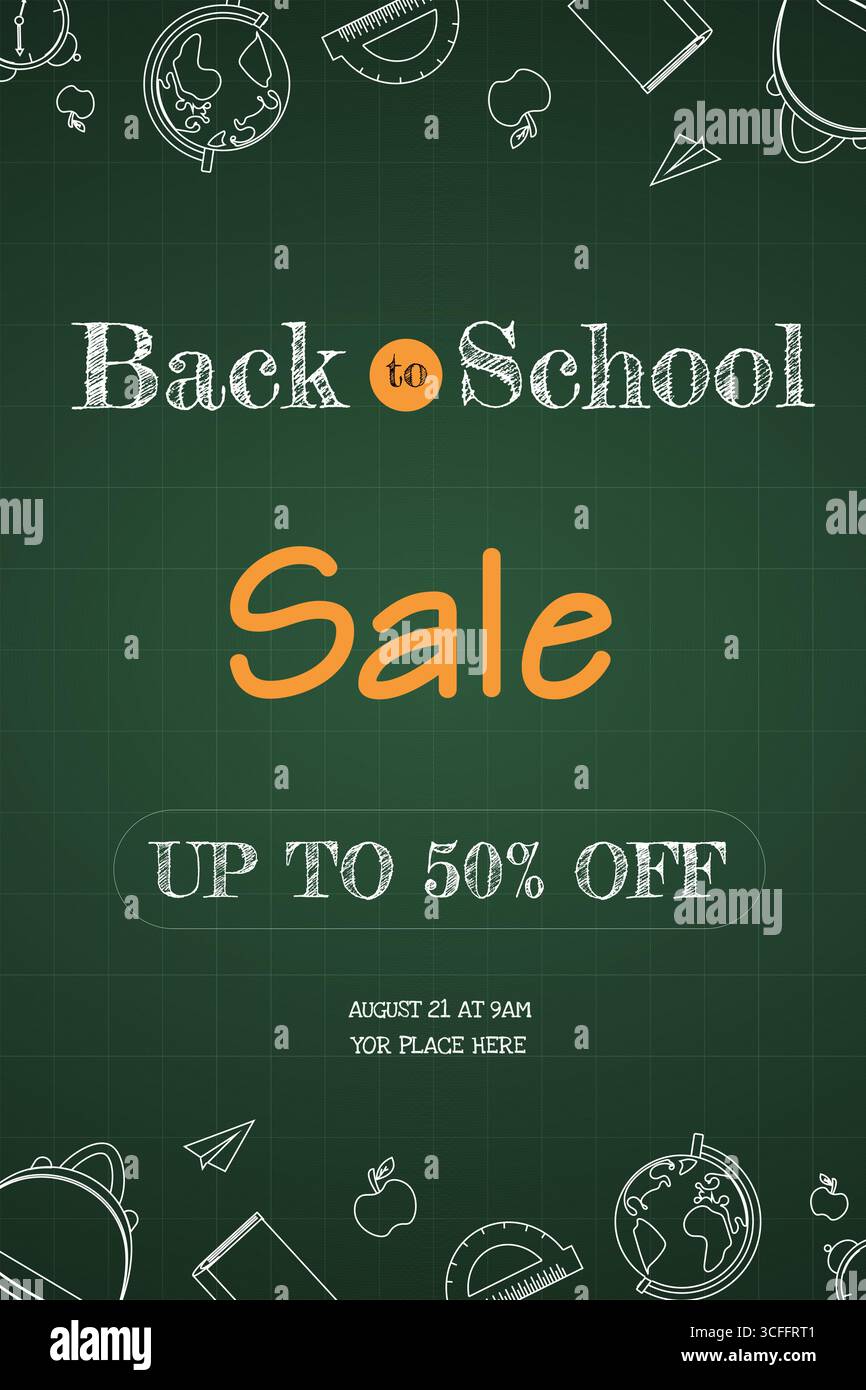 Fertige Vorlage zum Thema „Back to School“. Grüne Tafel mit Schulzubehör und einem Rabatttest in der Mitte. Vektorhintergrund Stock Vektor
