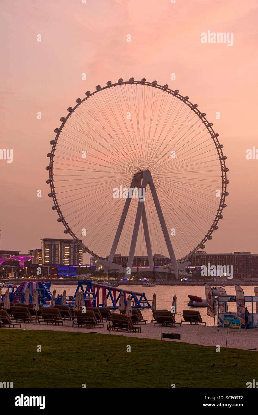 Sonnenuntergang über Ain Dubai, dem weltweit größten 250 m hohen Aussichtsrad auf Bluewaters Island, Dubai, VAE Stockfoto
