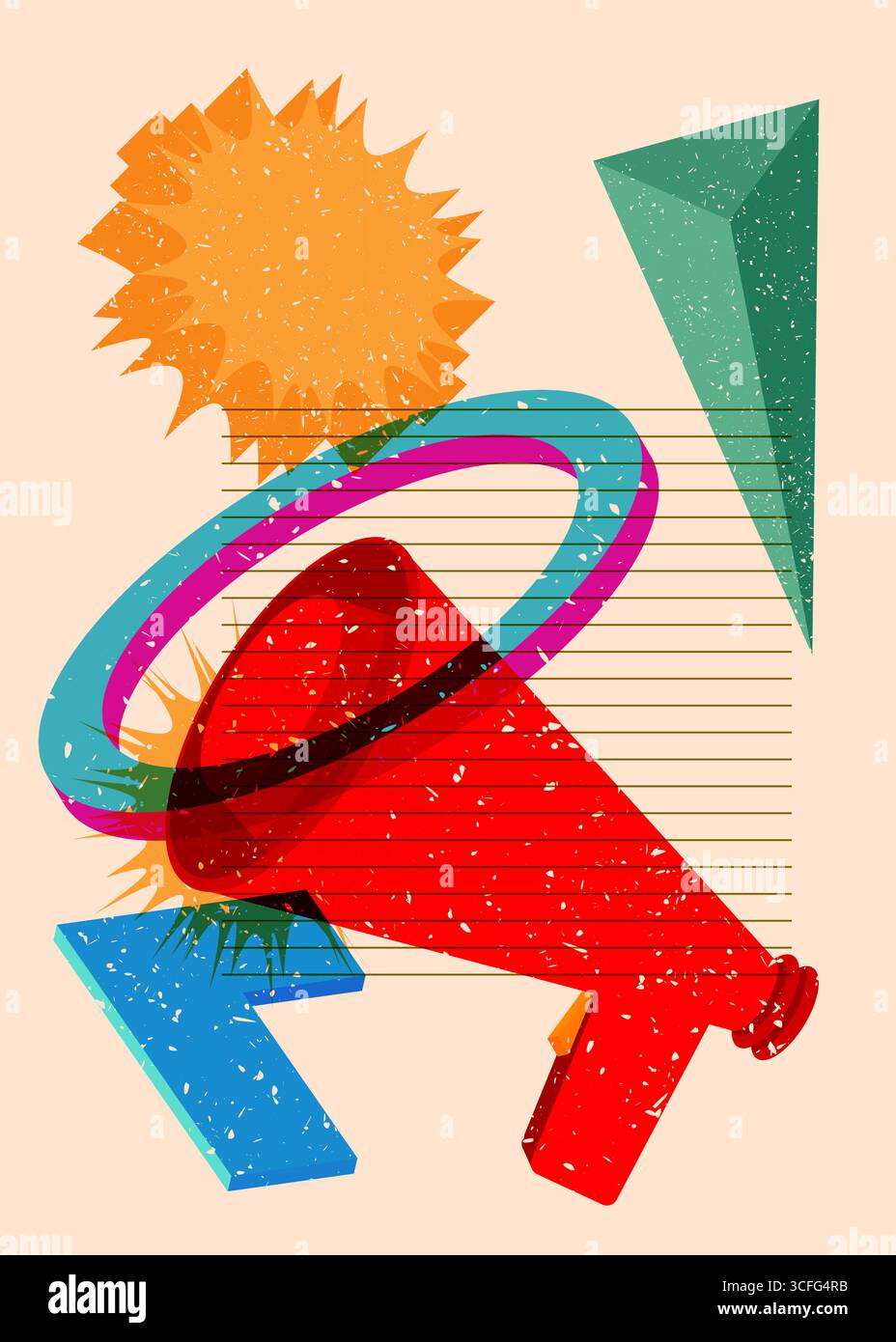 Risograph Megaphon mit geometrischen Formen. Objekte in trendigem Riso-Grafik-Design mit Texturelementen. Stock Vektor