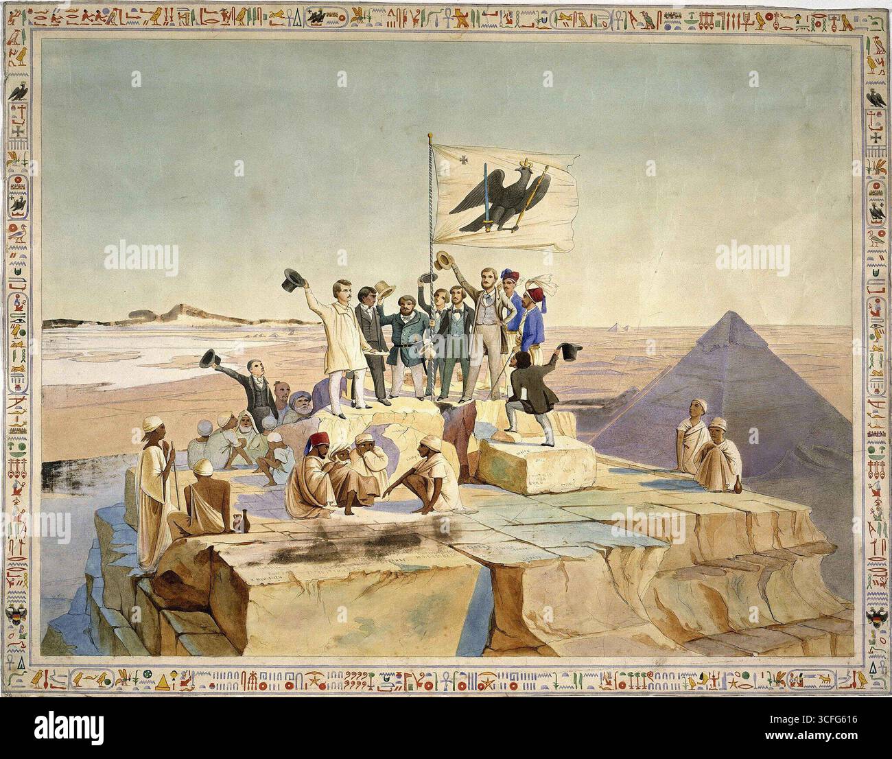 Lepsius-Expedition-Cheops-Pyramide — Aquarell von Johann Jakob Frey, der Teilnehmer der Preußischen Ägypten-Expedition auf der Spitze der Großen Pyramide von Gizeh, 1842 darstellt. Das Kunstwerk zeigt Karl Richard Lepsius und andere Entdecker, die eine preußische Flagge hissen, umgeben von lokalen Reiseleitern und Arbeitern, mit der Pyramiden- und Wüstenlandschaft im Hintergrund. (Lepsius-Expedition – Cheops-Pyramide) Stockfoto