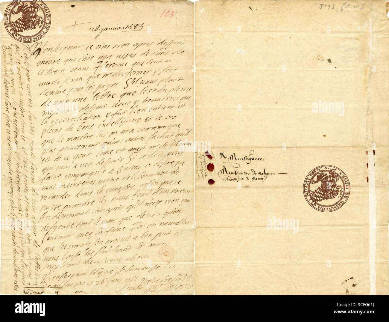 Schreiben von Michel de Montaigne an den Maréchal de Matignon vom 26. Januar 1585. Lettre de Montaigne au maréchal de Matignon, 26 janvier 1585. Die handschriftliche Korrespondenz, versiegelt mit Wachs und mit heraldischen Insignien, bietet einen seltenen Einblick in Montaignes politischen und persönlichen Austausch während der späten französischen Renaissance. Stockfoto