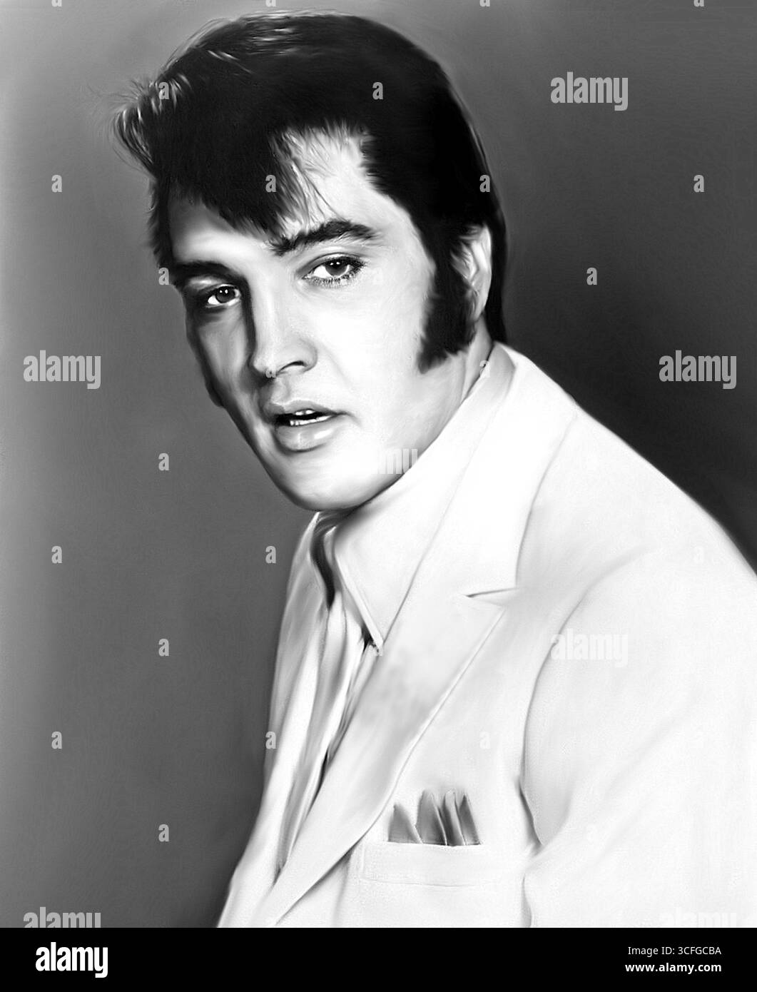 Illustration von Elvis Presleys Gesicht aus dem Jahr 1968 – getreue Reproduktion Stockfoto Illustration von Elvis Presleys Gesicht aus dem Jahr 1968 – getreue Reproduktion Stockfoto