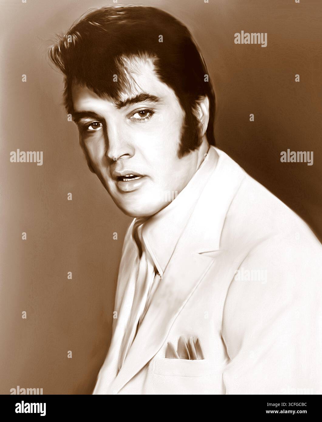Illustration von Elvis Presleys Gesicht aus dem Jahr 1968 – getreue Reproduktion Stockfoto Illustration von Elvis Presleys Gesicht aus dem Jahr 1968 – getreue Reproduktion Stockfoto