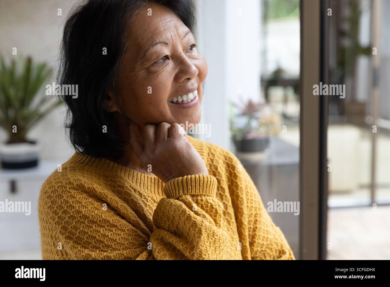 Ältere asiatische Frau, die an der Schiebetür sitzt und das Kinn ruht und auf die Sukkulenten im Topf blickt, Kopierraum Stockfoto